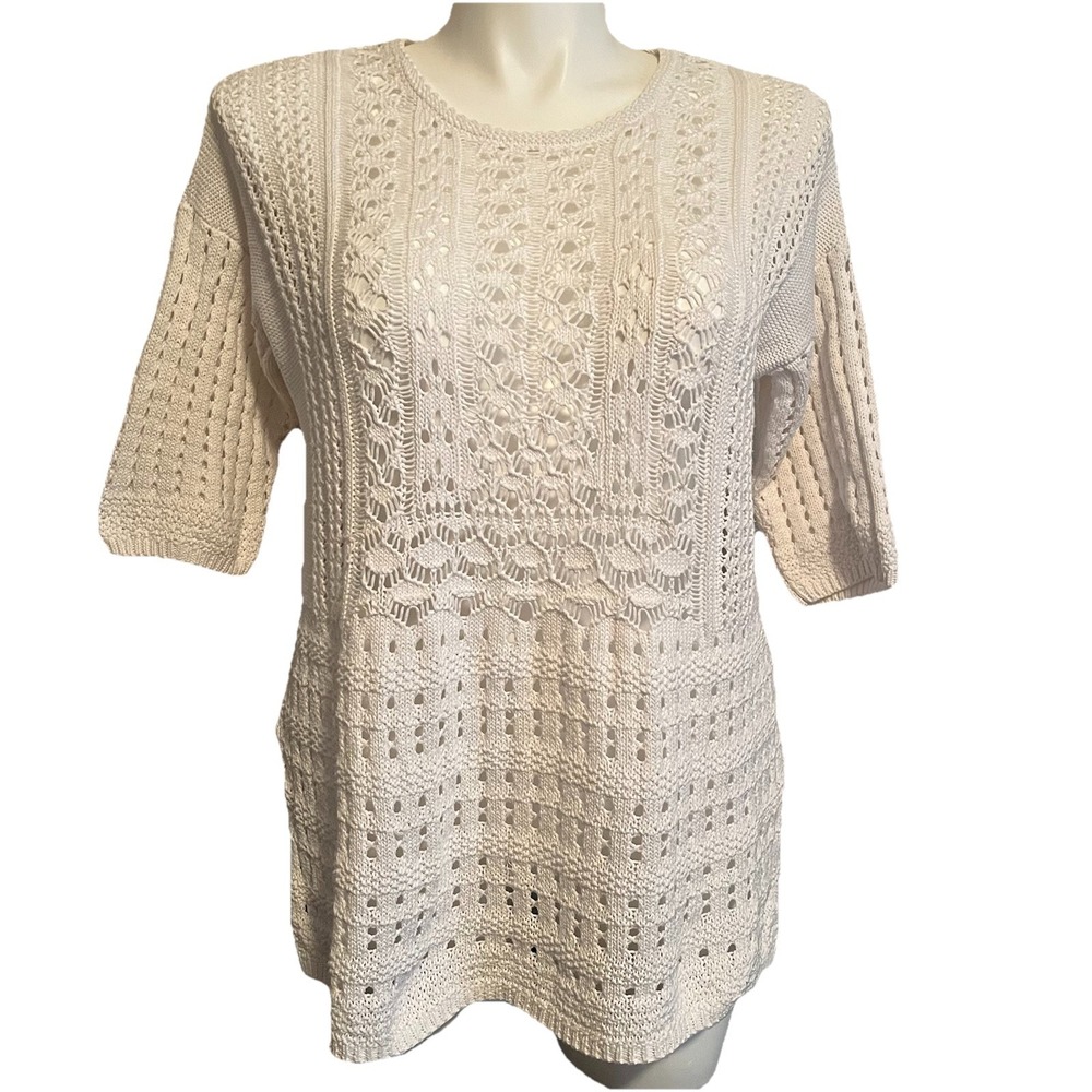 Cato Open Knit Crochet Sweater Women's XL White Cottagecore Boho Pullover